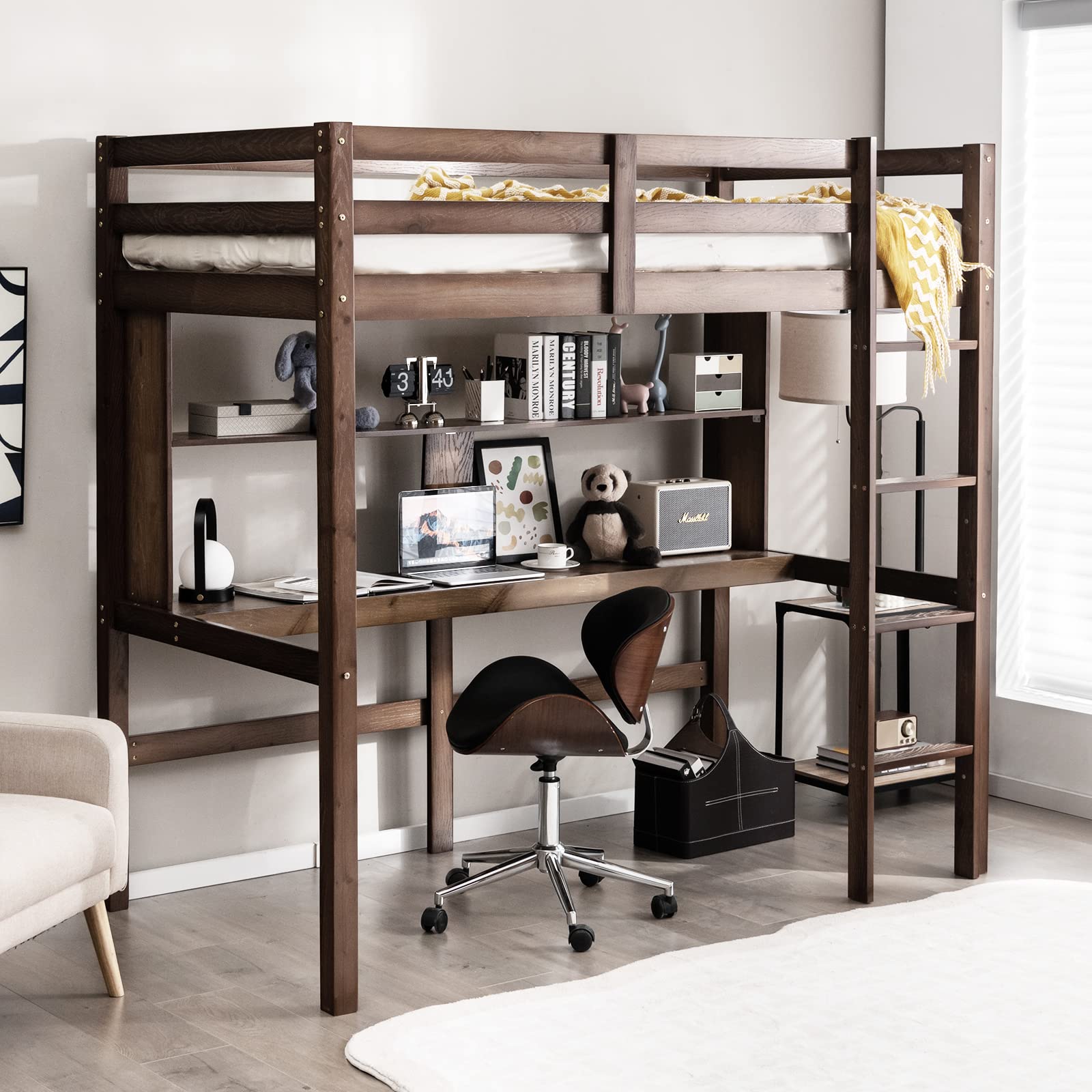 Giantex Twin Loft Bed with Desk and Bookshelf, Wooden Bed Frame with Safety Guardrail & Ladder