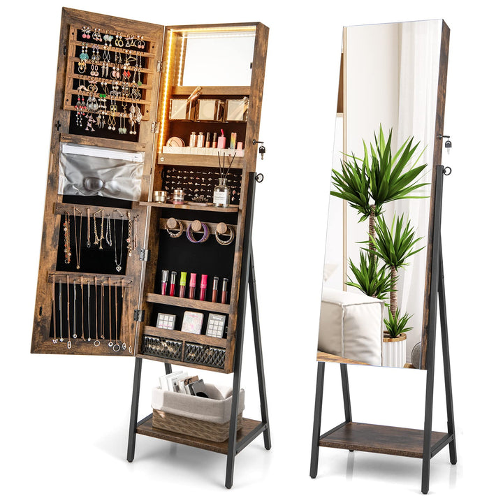 CHARMAID LED Strip Jewelry Armoire with 47.2"H Full Length Mirror, Lockable Jewelry Cabinet Organizer