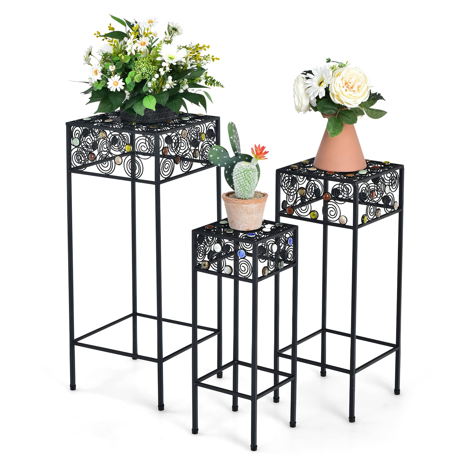 Metal Plant Stand Set of 3, Display Rack for Potted Plants with Colorful Ceramic Beads