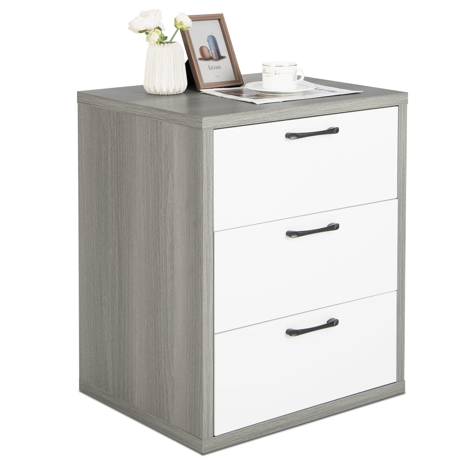 Giantex Storage Drawer Dresser - Wood End Table, Night Stand with 3 Drawers (1, White & Gray)