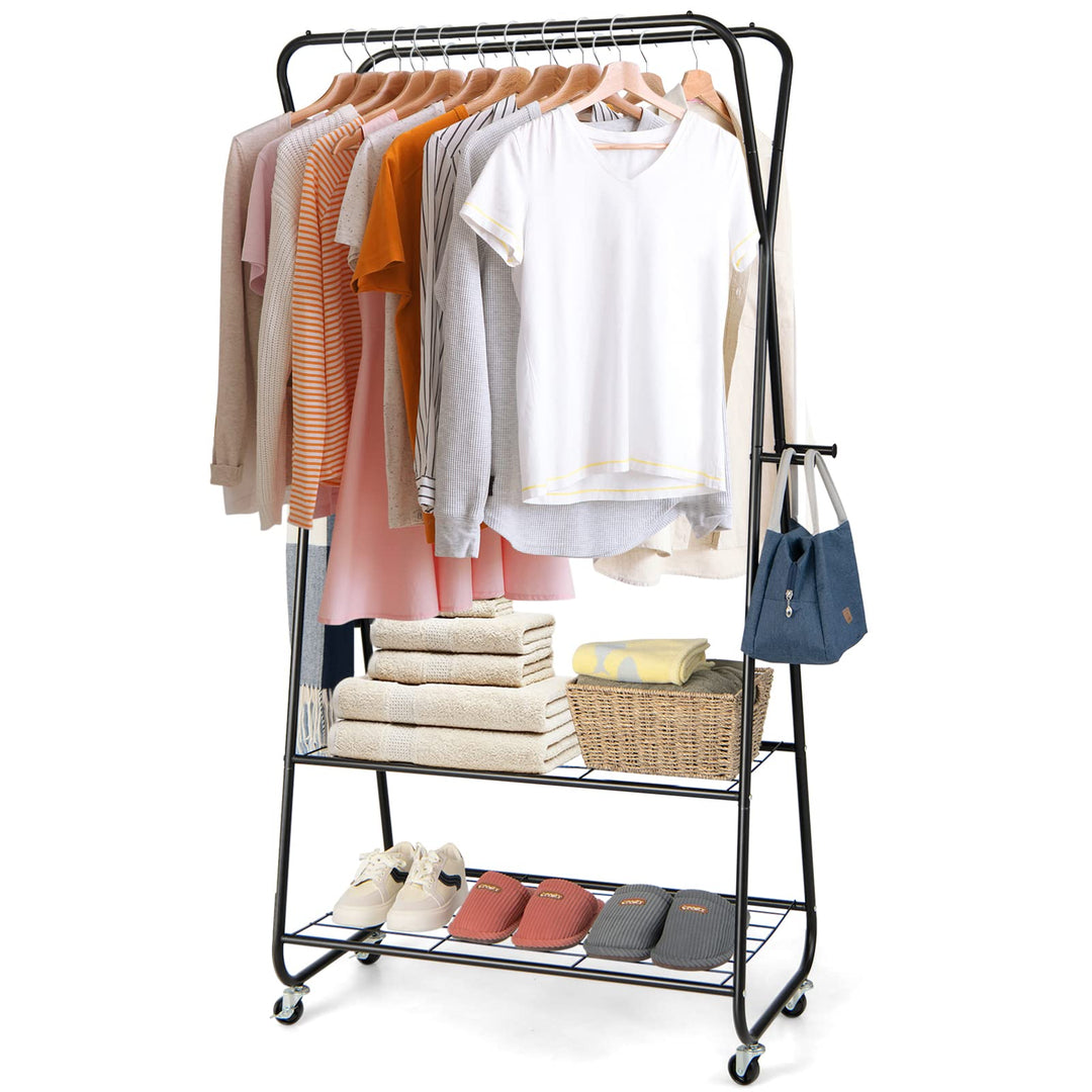 Giantex Metal Rolling Garment Rack, Clothing Rack with Wheels, Double Hanging Rods, 2 Shelves, 4 Hooks