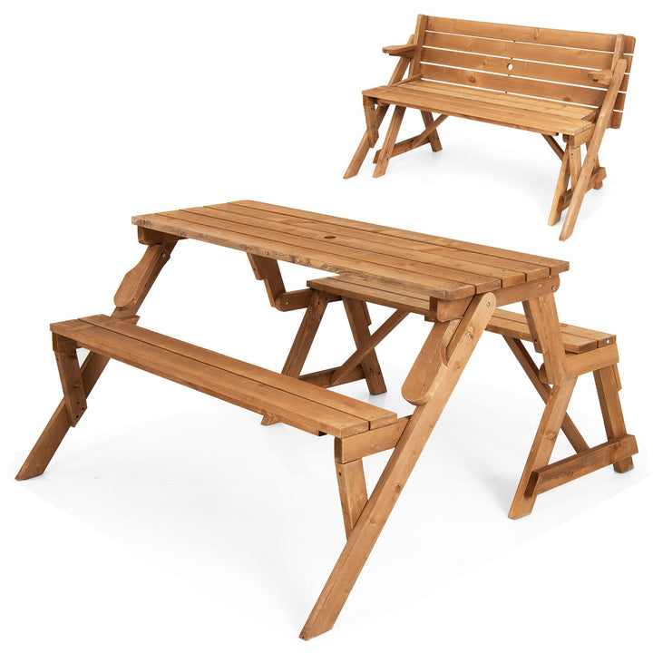 Giantex Wooden Picnic Table Set, 2 in-1 Folding Picnic Bench Set Transforming Interchangeable