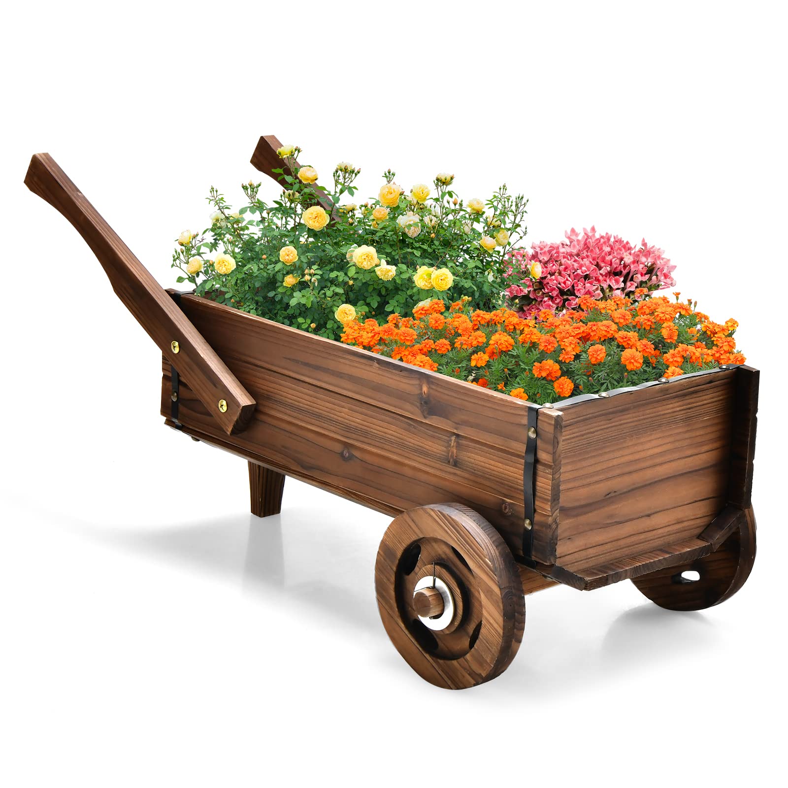 Giantex Wooden Wagon Planter Box, Decorative Wagon Cart with Wheels, Handles