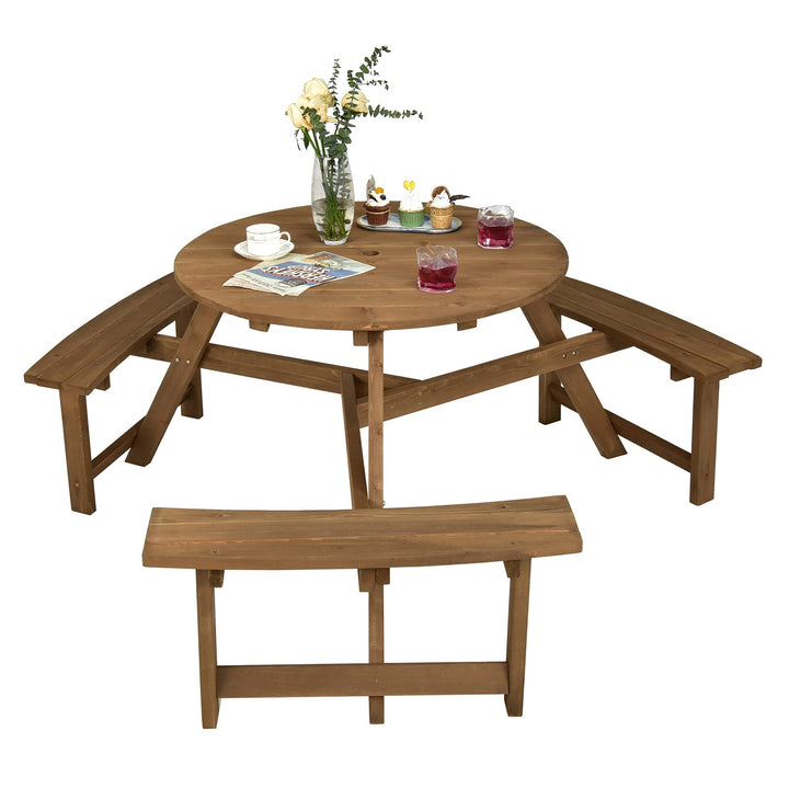 Giantex Wooden Picnic Table for 6 Person, Round Outdoor Table with 3 Benches, Umbrella Hole