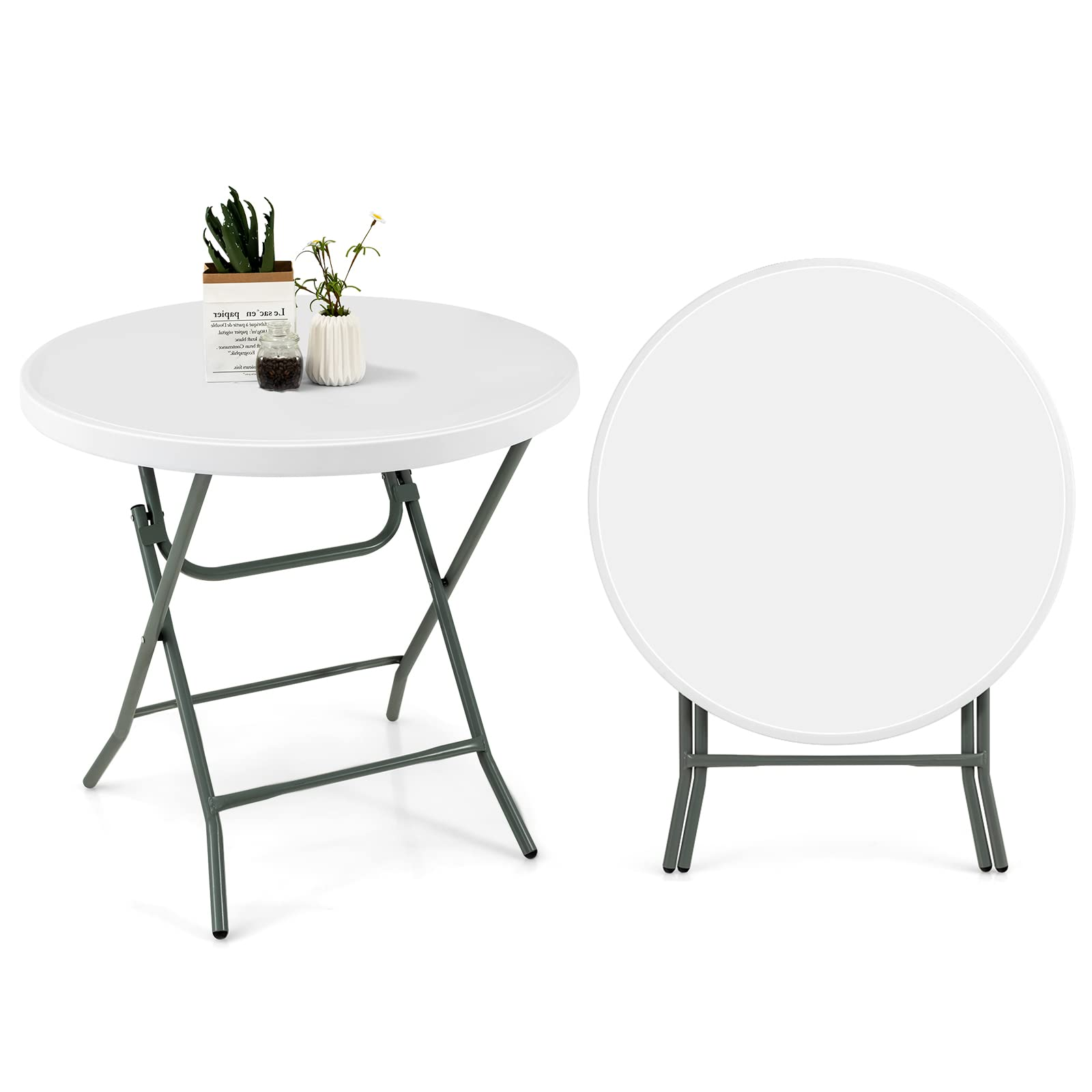 Giantex 32 Inches Round Folding Table, Portable Plastic Card Table with Thickened HDPE Tabletop and Sturdy Metal Frame, White