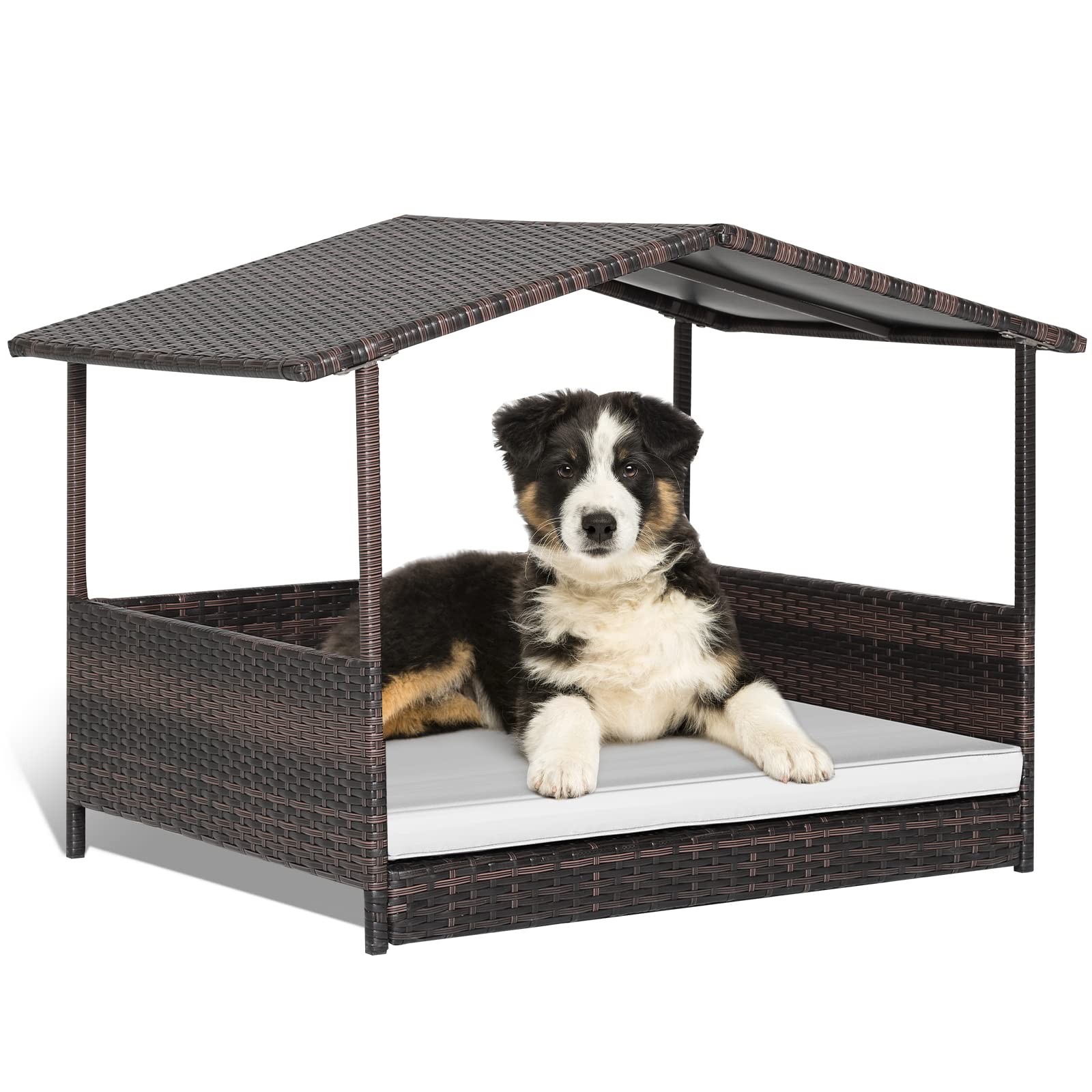 Giantex Wicker Dog House, Raised Rattan Dog Bed with Roof, Removable Cushion and Steel Frame