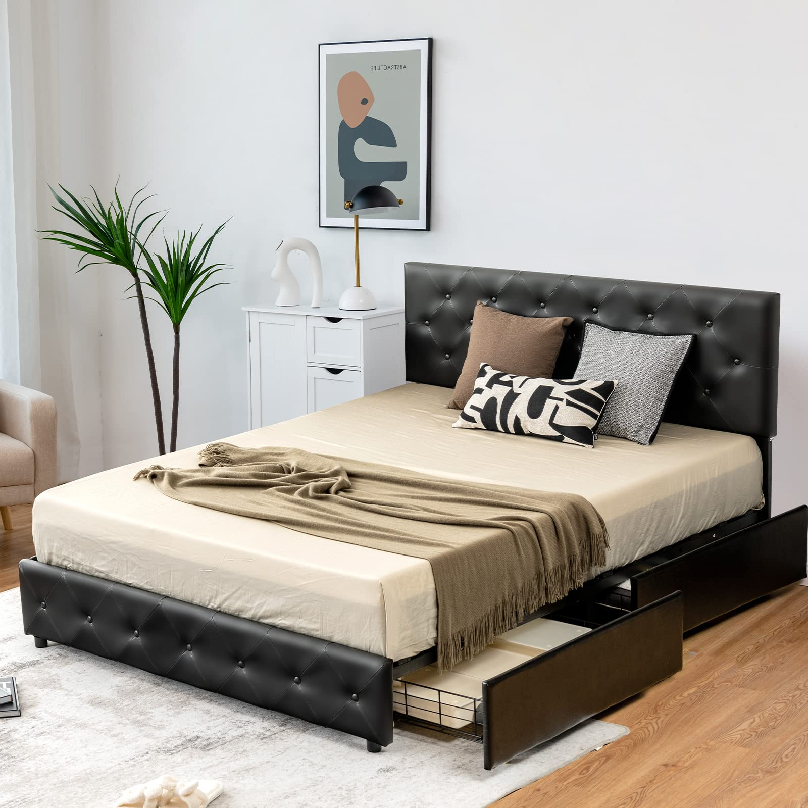 Upholstered PU Leather Platform Bed Frame w/ 4 Storage Drawers, Adjustable Headboard & Solid Wooden Slats