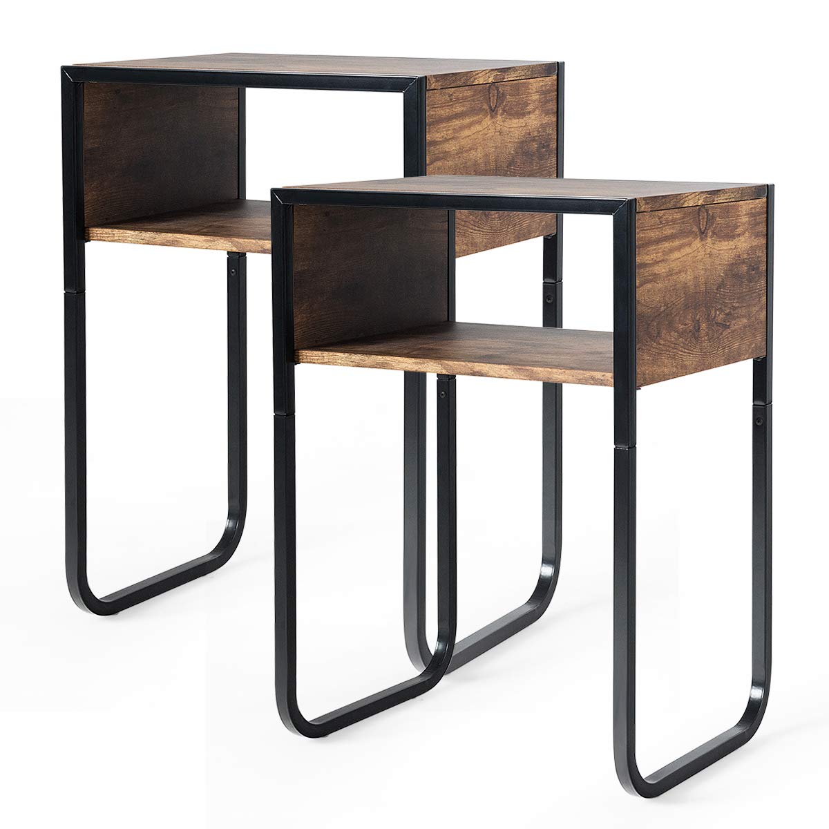 Giantex Side Table Industrial W/Drawer and Metal Frame (2, Rustic Brown)