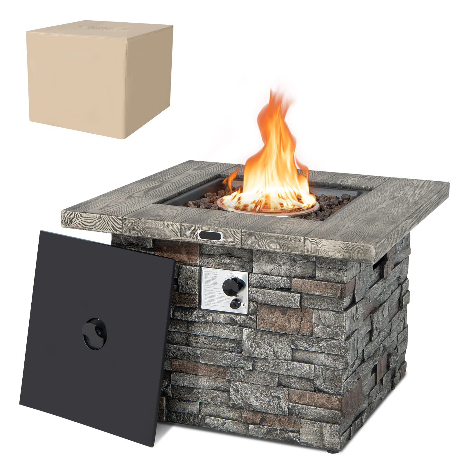 34.5" Propane Gas Fire Pit Table - Patio 2-in-1 Outdoor Square Fire Table W/ Volcanic Rock & PVC Cover