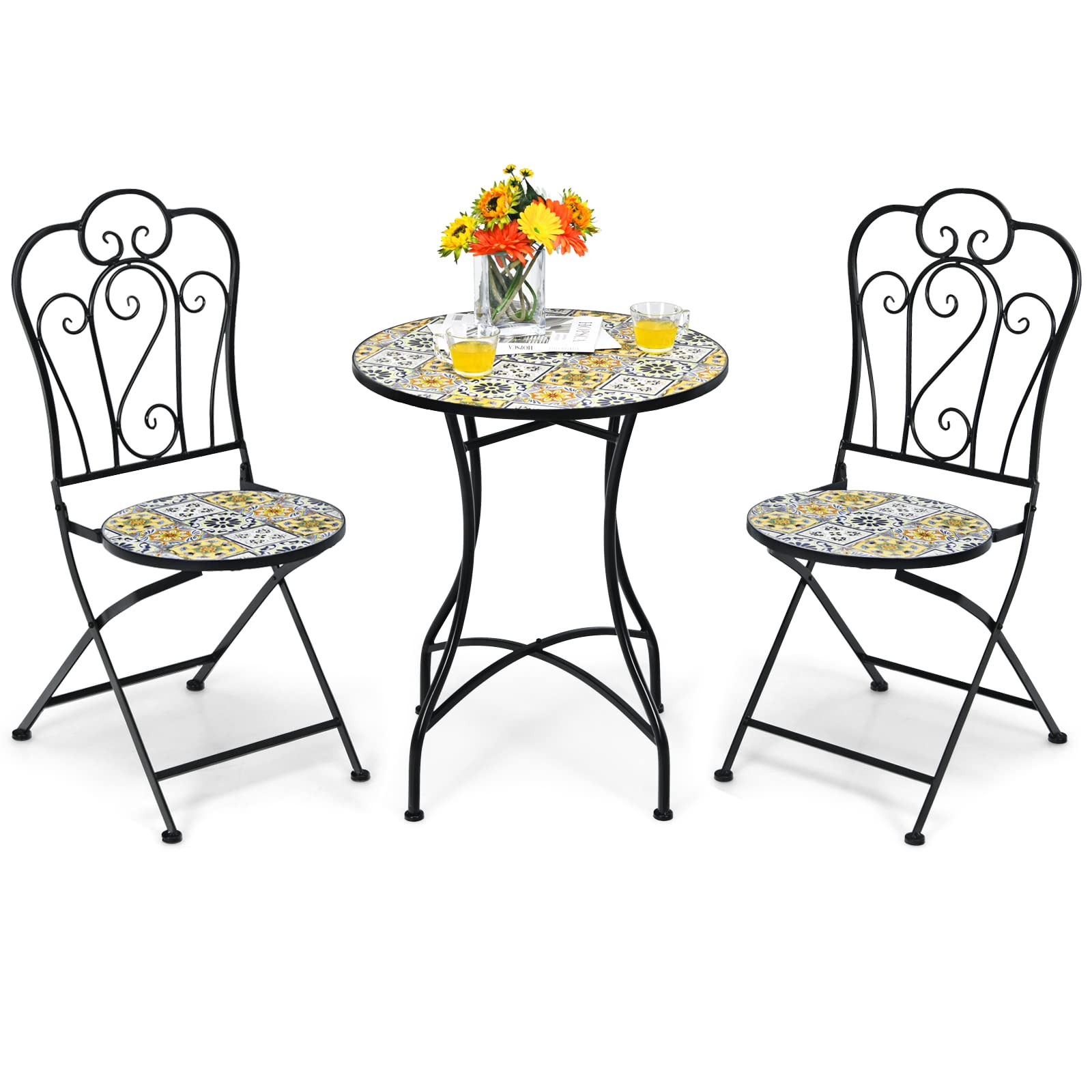 3-Piece Patio Bistro Set, Garden Dining Set, Round Table and 2 Patio Folding Chairs