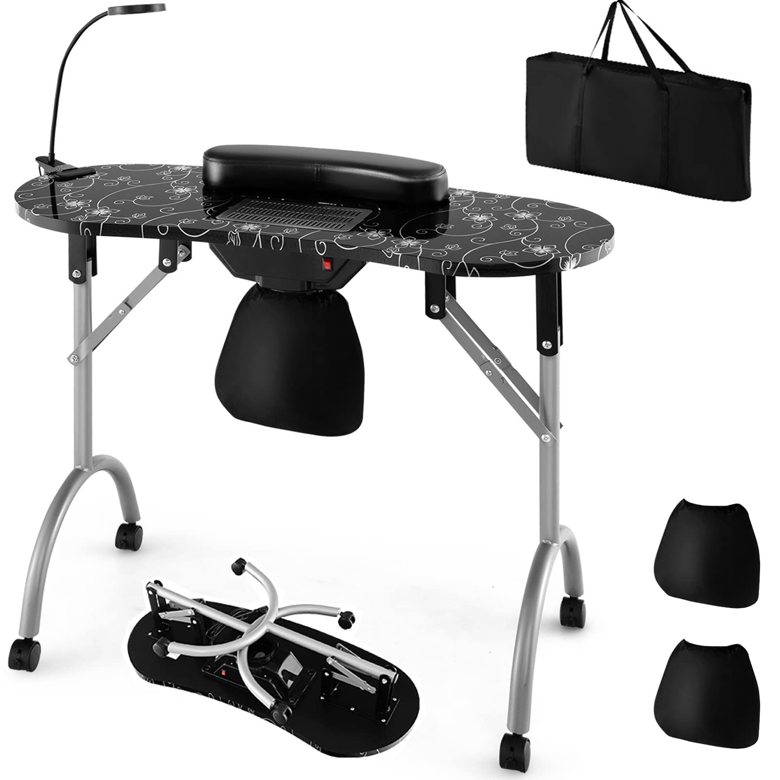 Giantex Nail Desk with Electric Dust Collector, Portable Manicure Table with USB-Plug LED Table Lamp