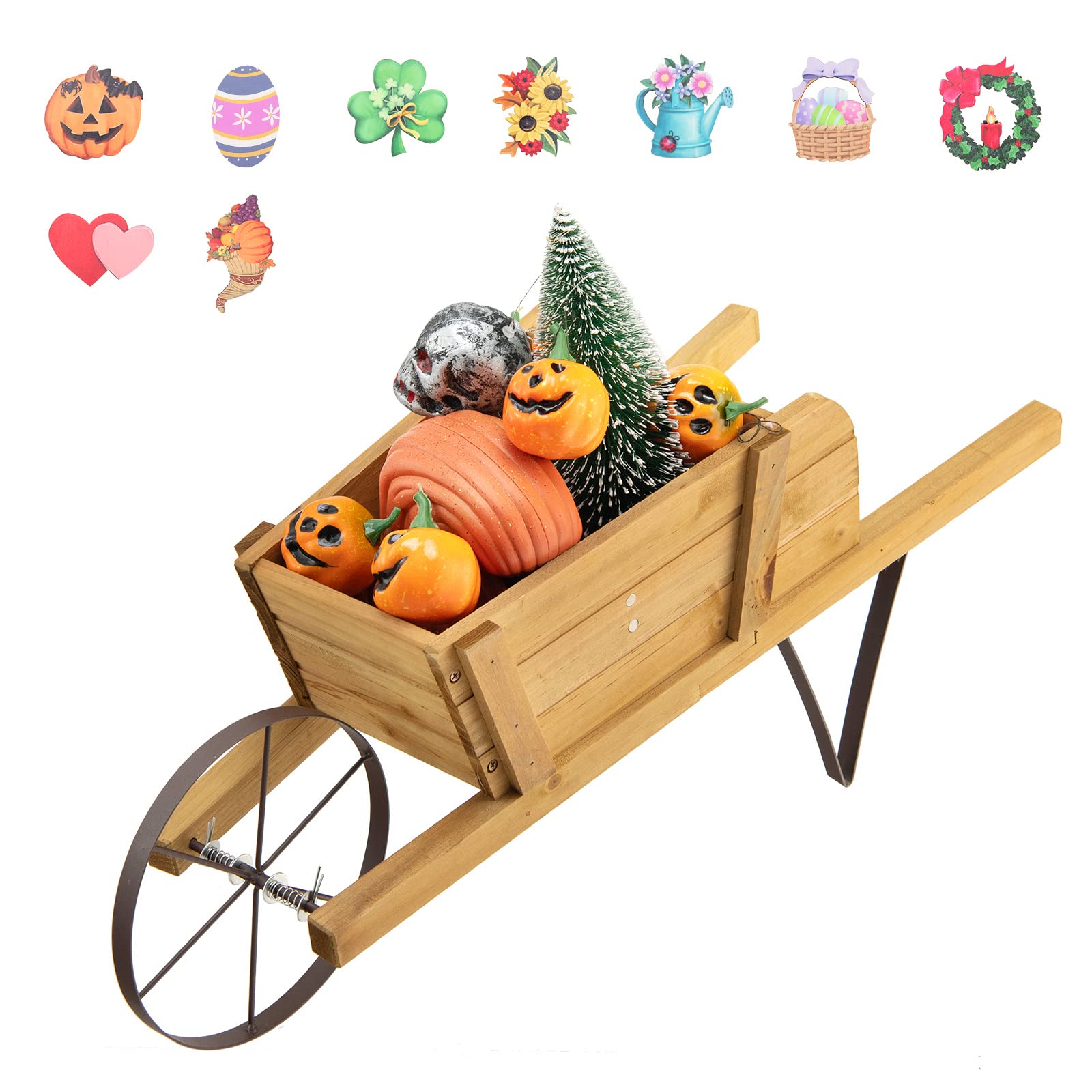 Giantex Wooden Wagon Planter, Small Wheelbarrow Wagon Flower, Indoor & Outdoor Raised Bed