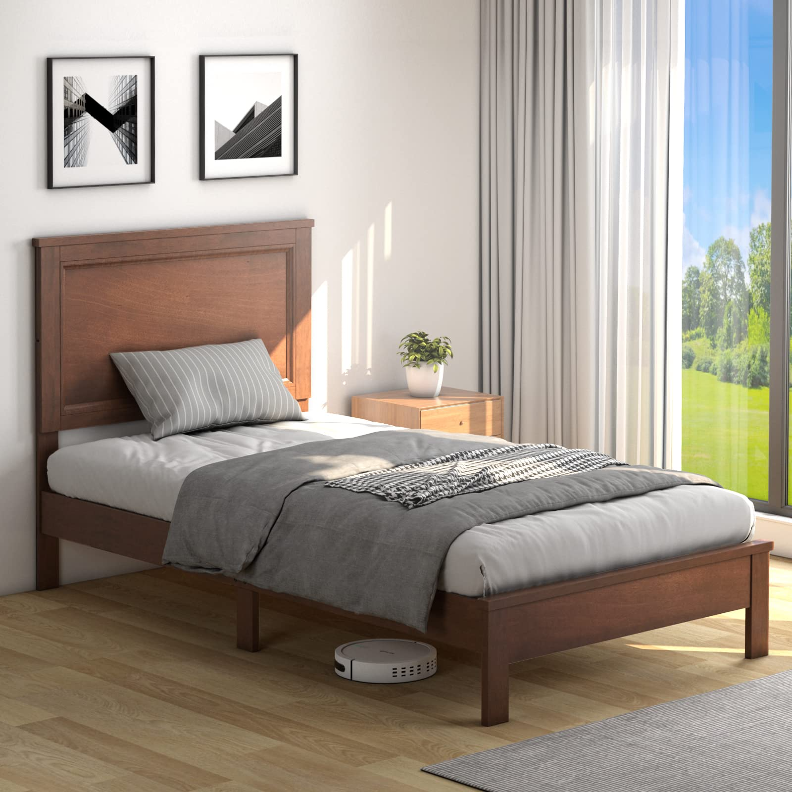 Platform Bed w/ Rubber Wood Legs & Integrated Headboard | Wooden Bed Frame