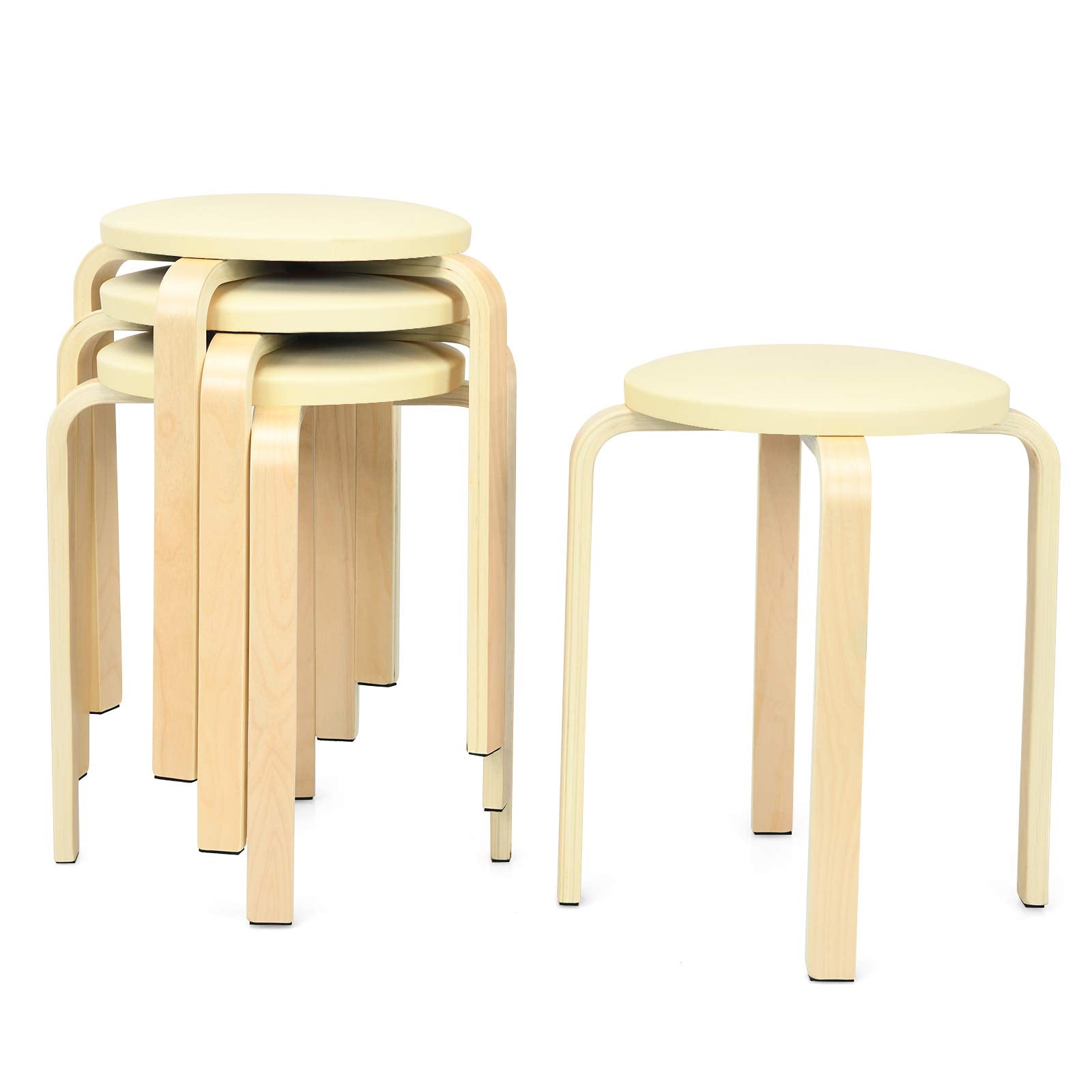 4-Pack Bentwood Stack Stools, 18.5-Inch Portable Stools with PU Leather Round Top, Non-Slip Foot Mats