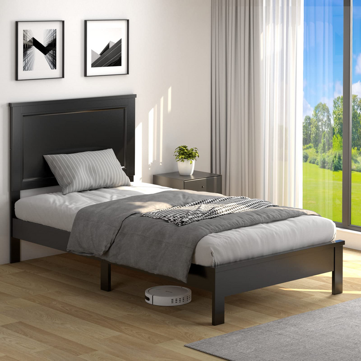 Platform Bed w/ Rubber Wood Legs Headboard Wooden Bed Frame