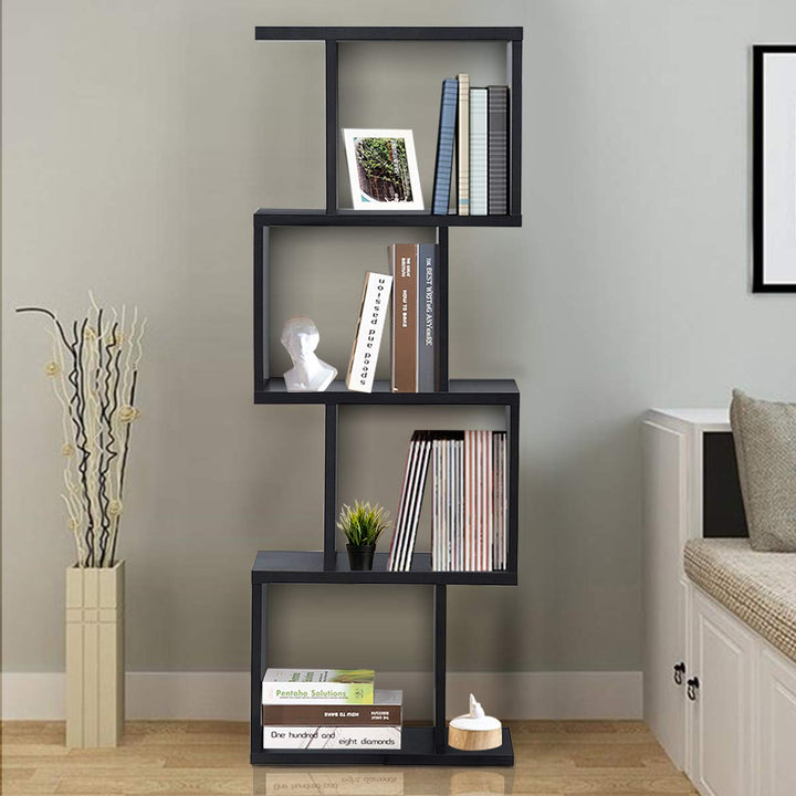4 Tier Bookshelf S Shaped Bookcase, Multifunctional Wooden Display Decor Furniture