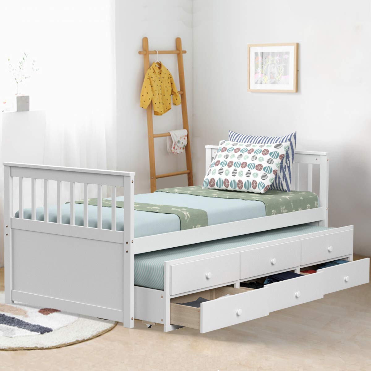 Giantex Twin Captain's Bed with Trundle Bed, Wood Storage Daybed with 3 Storage Drawers