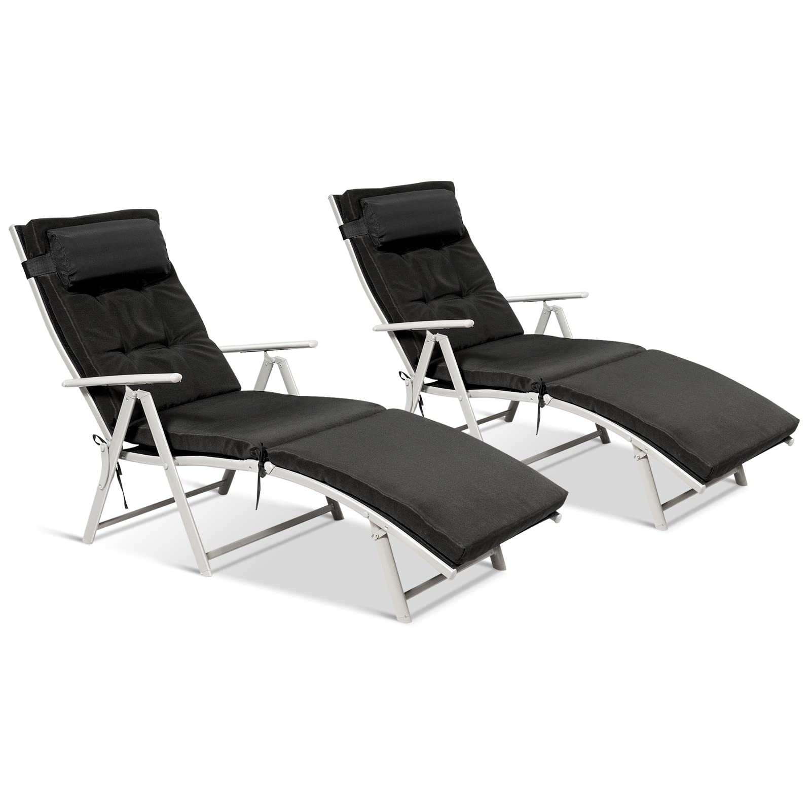 Pool Folding Reclining Beach Chair W/Removable Cushion&Headrest Pillow