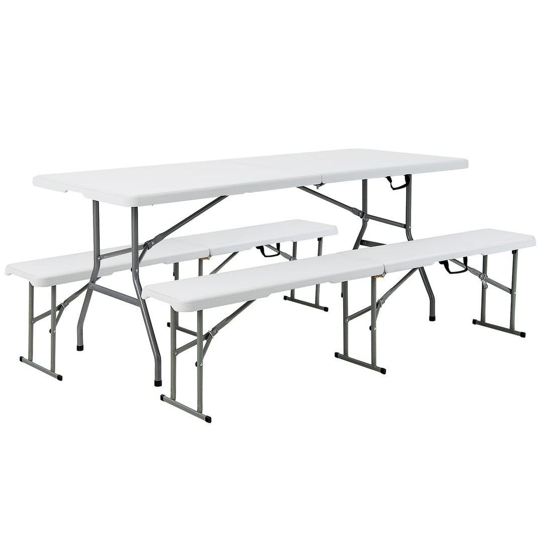 Outdoor Folding Camping Table with 2 Long Benches HDPE Metal Legs BBQ Party Patio Lawn Garden (White)