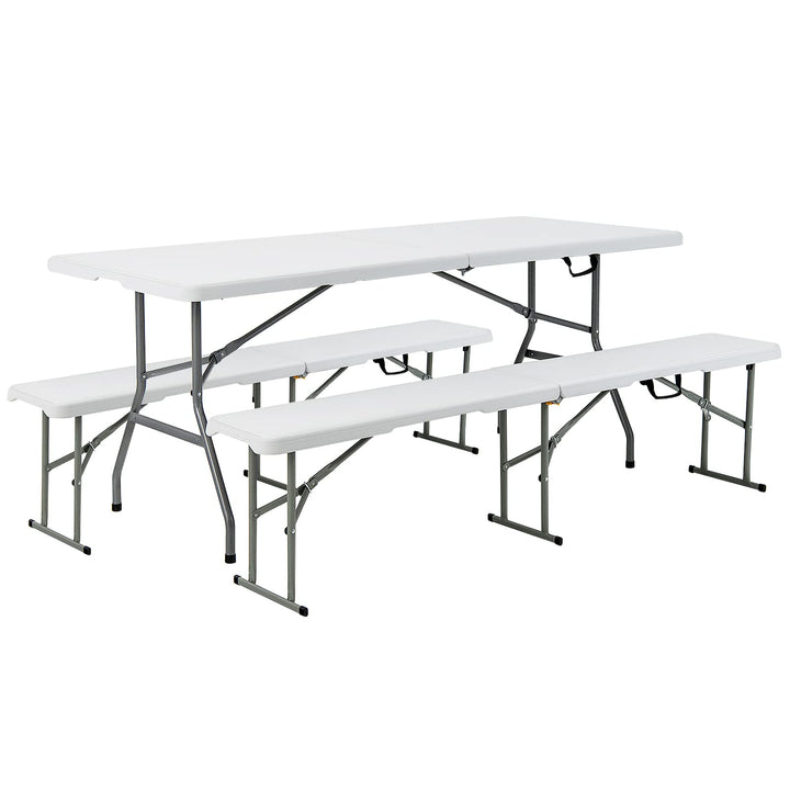 Outdoor Folding Camping Table with 2 Long Benches HDPE Metal Legs BBQ Party Patio Lawn Garden (White)