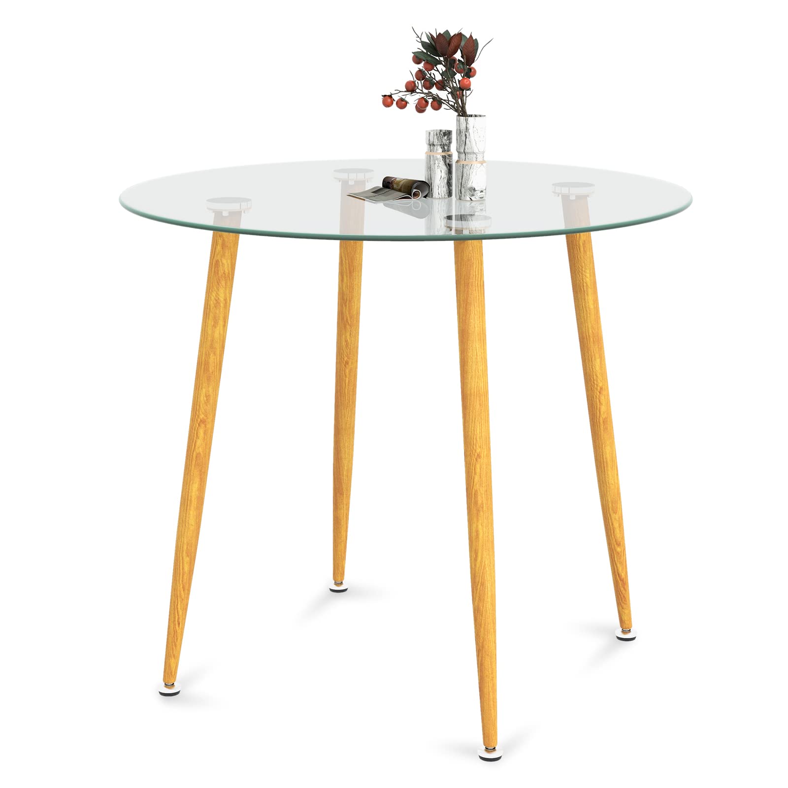 Giantex Round Glass Dining Table, Kitchen Dinner Table with Tempered Glass Tabletop & Metal Legs