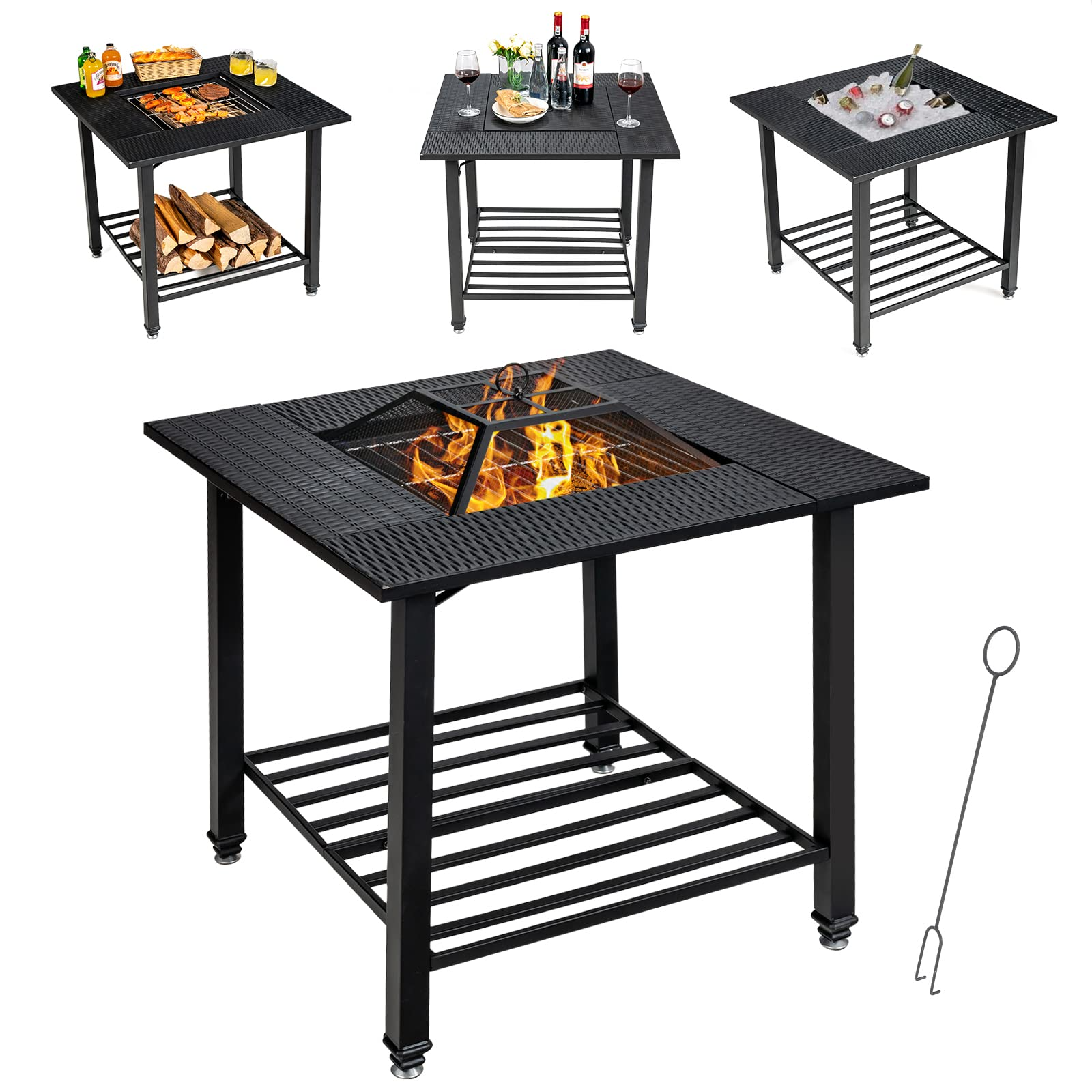 4-in-1 Wood Burning Fire Pit, Square Firepit Table with Mesh Cover