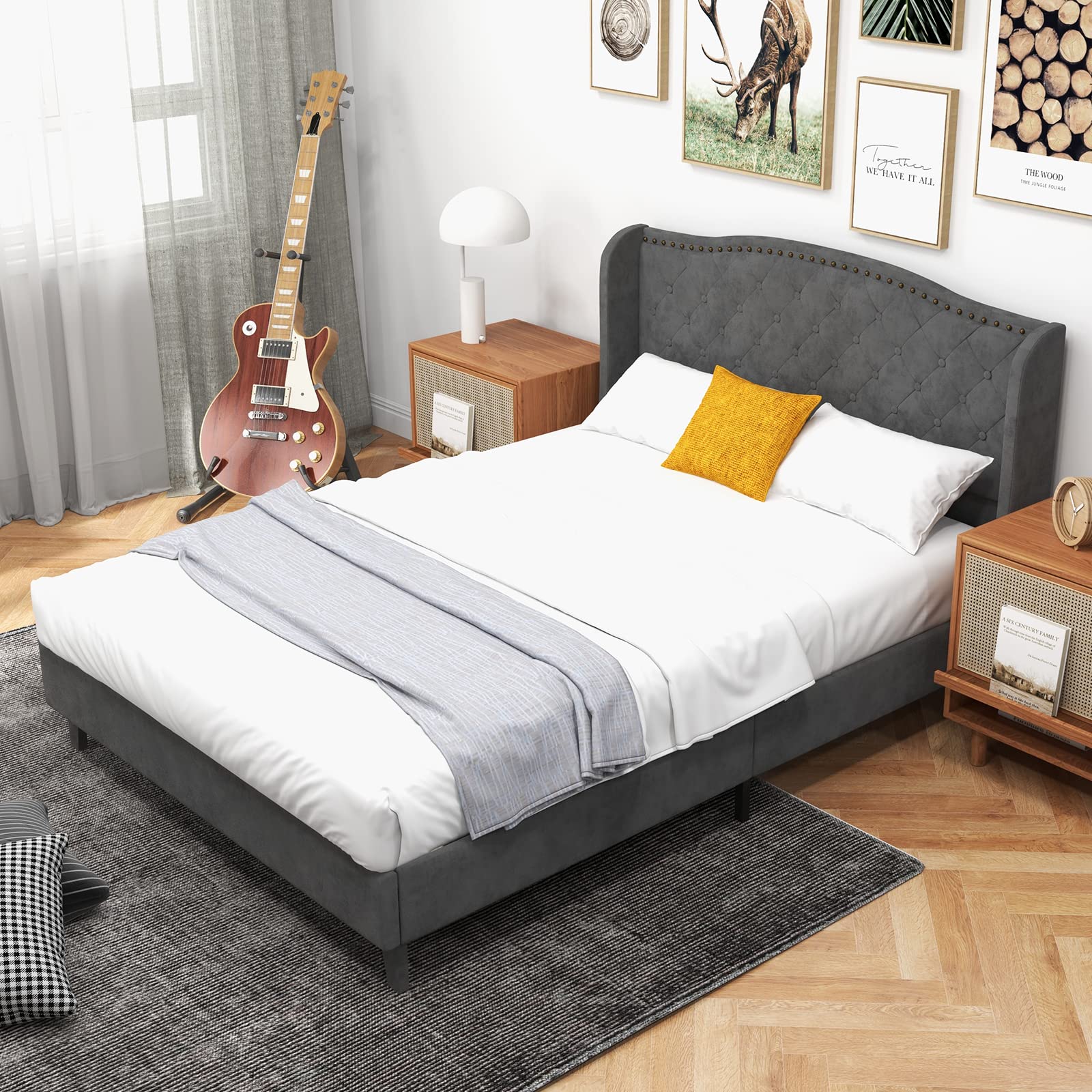 Giantex Velvet Upholstered Bed Frame