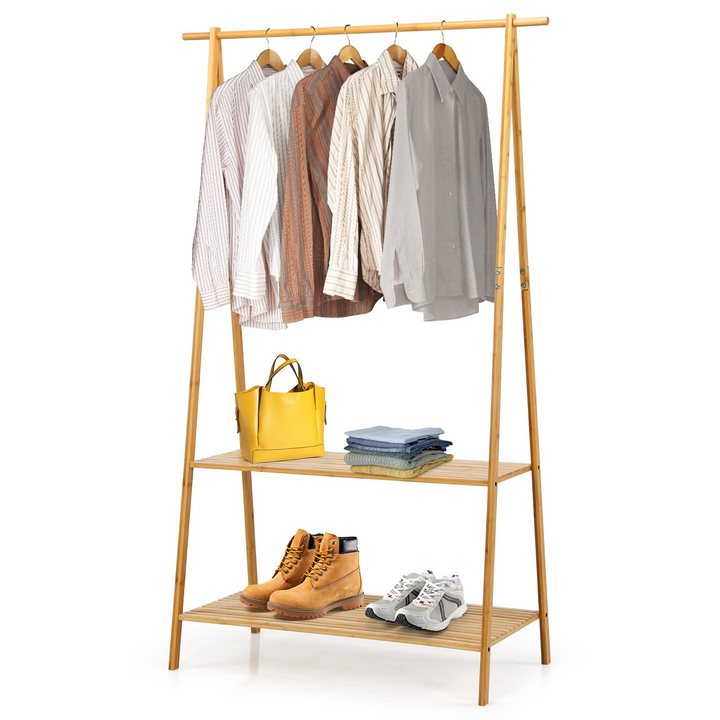 2-Tier 5.3Ft 100% Bamboo Garment Rack with Top Hanging Rod and Bottom Storage Shelves