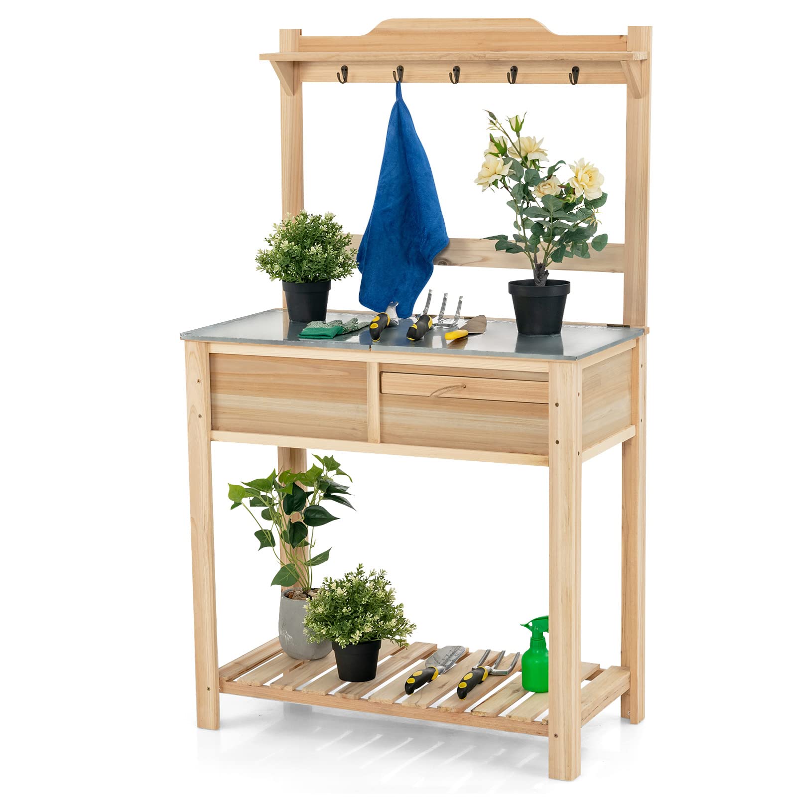 Giantex Potting Bench Outdoor Wooden Planting Table with Flip-Open Galvanized Metal Tabletop, Planting Box