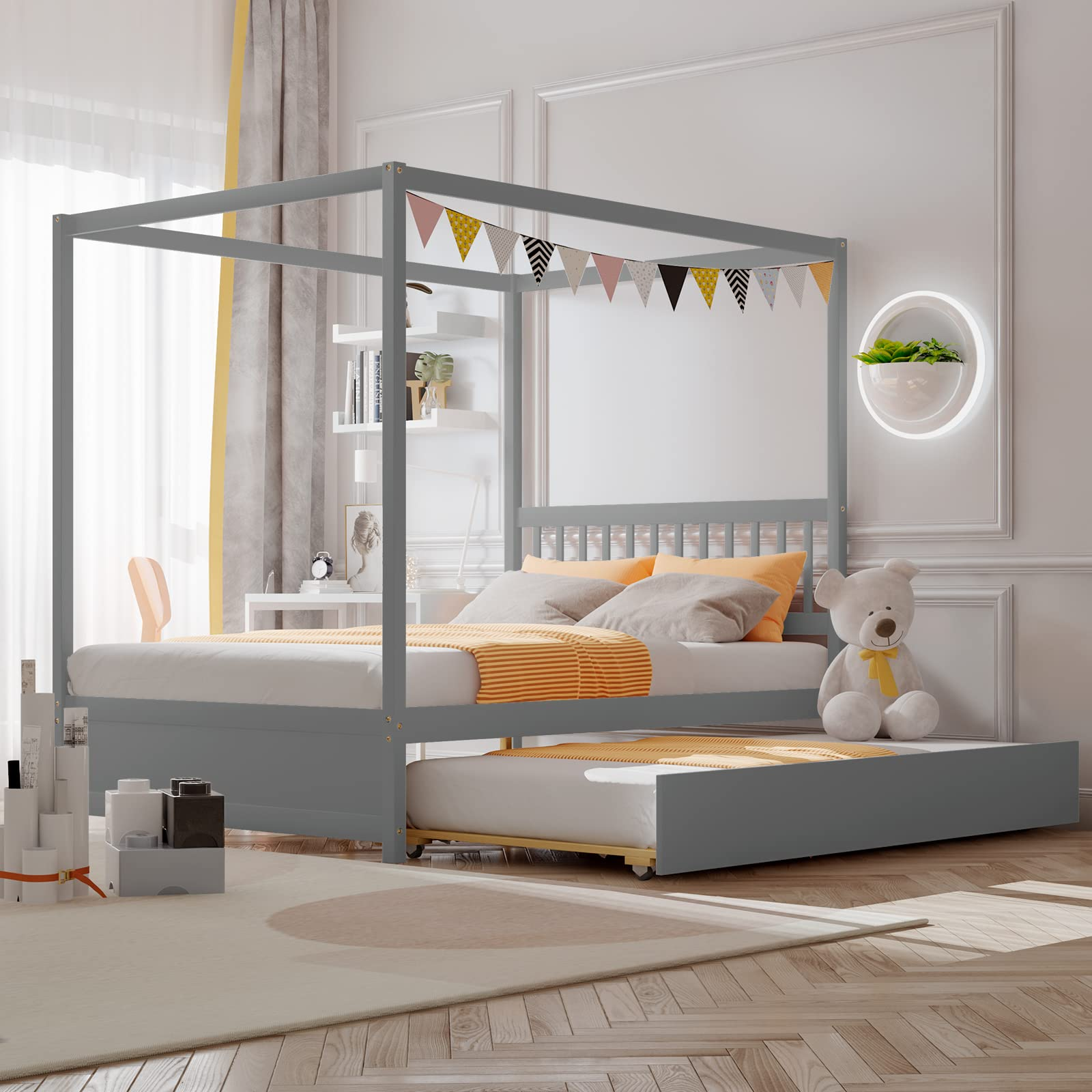 Giantex Canopy Bed w Trundle Full Size Kids Solid Wood Platform