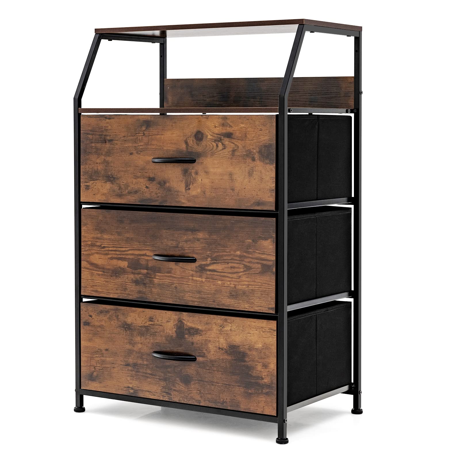 Giantex 3 Drawers Dresser, Storage Tower w/Foldable Fabric Drawers & Open Shelves, Wooden Top & Metal Frame