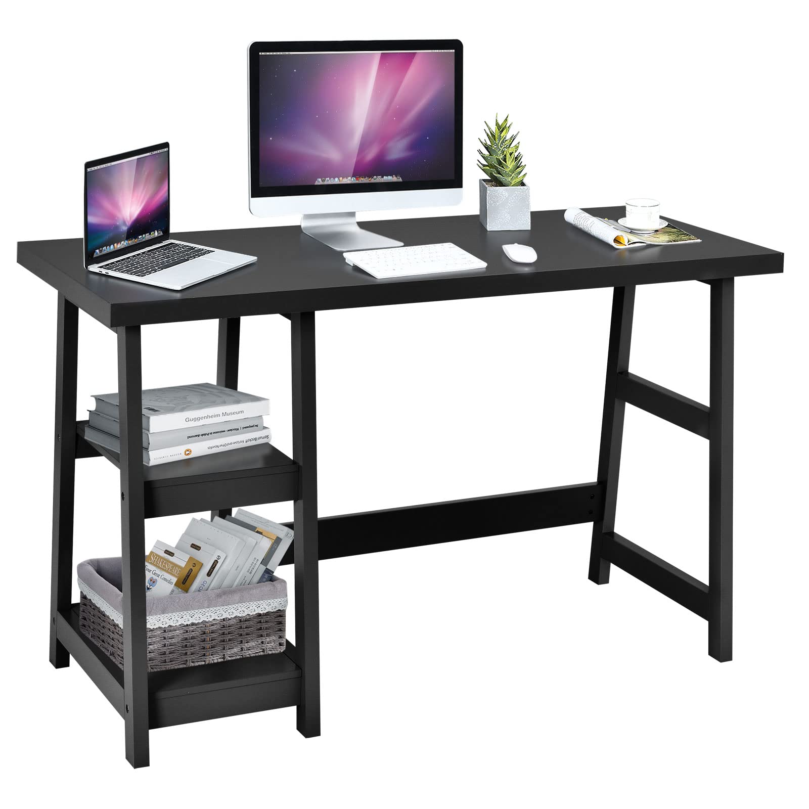 Writing Desk, Wooden Trestle Desk with Removable Storage Shelves