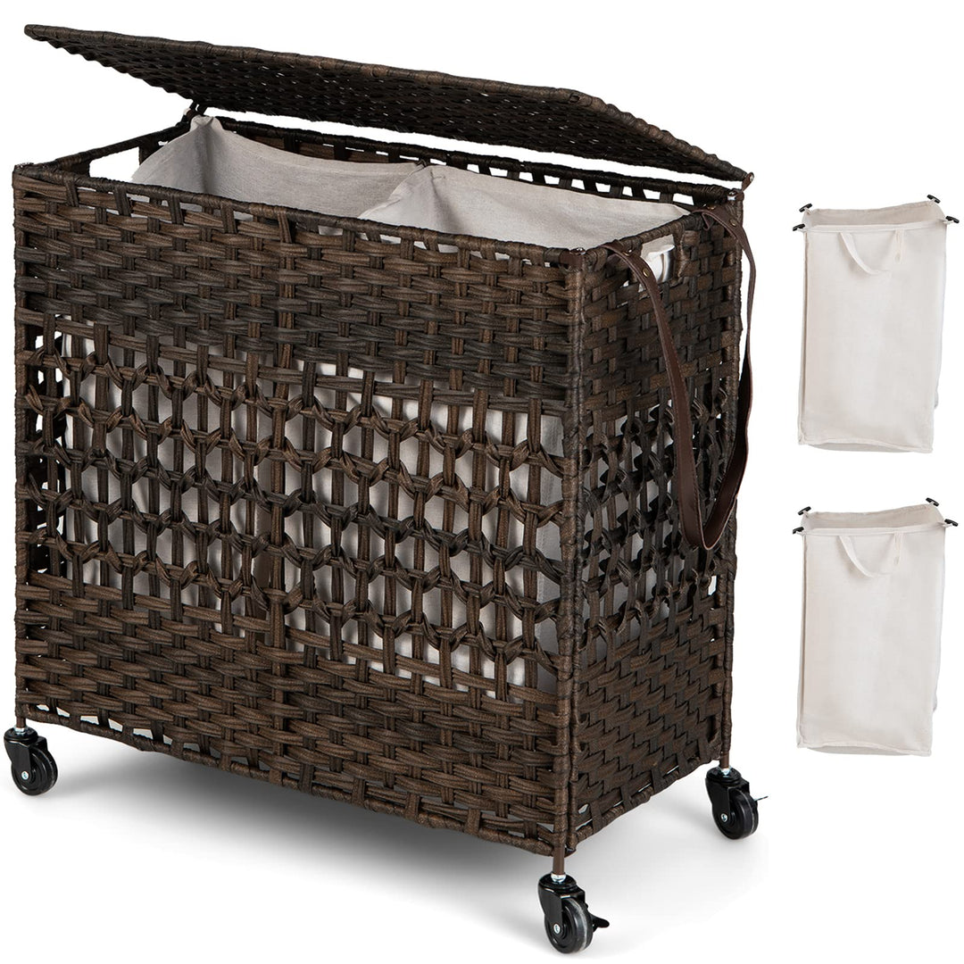 Giantex Laundry Hamper with Wheels and Lid, 33 Gal (125L) Wicker Laundry Basket, 2 Removable Liner Bags