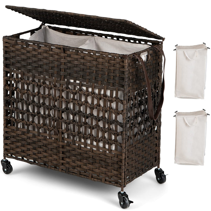 Giantex Laundry Hamper with Wheels and Lid, 33 Gal (125L) Wicker Laundry Basket, 2 Removable Liner Bags