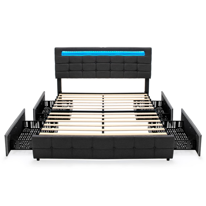 Giantex Queen Bed Frame with LED Lights and 4 Drawers, Upholstered Platform Bed Frame with USB Ports