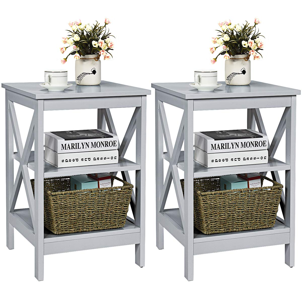 Nightstand 3-Tier X-Design W/Storage Shelves and Stable Structure Storage Organizer Display Sofa Side Table