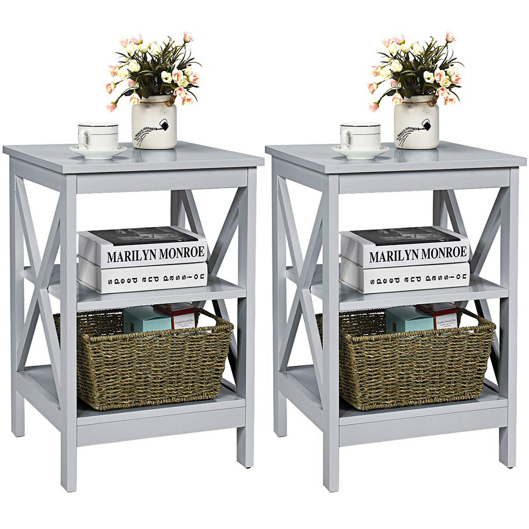 Nightstand 3-Tier X-Design W/Storage Shelves and Stable Structure Storage Organizer Display Sofa Side Table