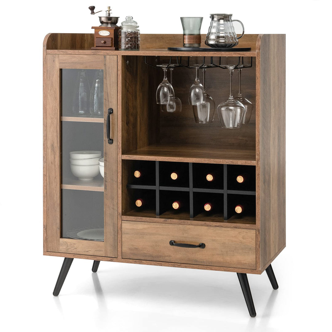 Giantex Buffet Sideboard with Drawer, Wine Cabinet for 8 Bottles, Glass Holder, 3 Tier Cupboard Tempered Glass Door (Rustic Brown & Black)