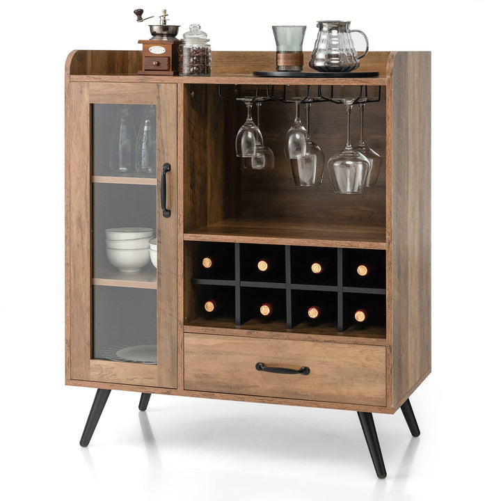 Giantex Buffet Sideboard with Drawer, Wine Cabinet for 8 Bottles, Glass Holder, 3 Tier Cupboard Tempered Glass Door (Rustic Brown & Black)