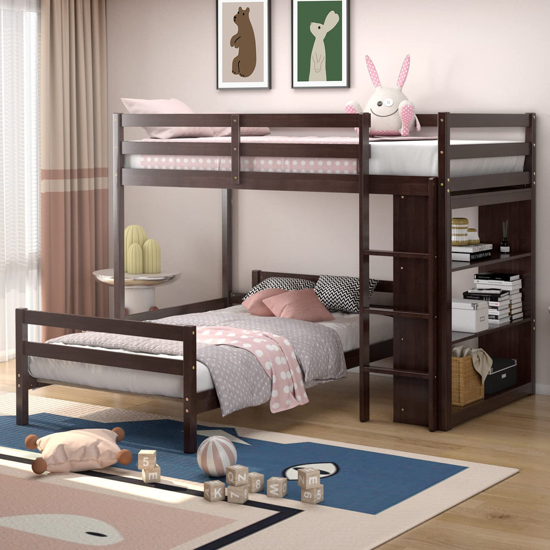 Giantex Twin Over Twin Loft Bed w/ Bookcase, Bunk Bed w/ 12.5" Full-Length Guardrail & Ladder