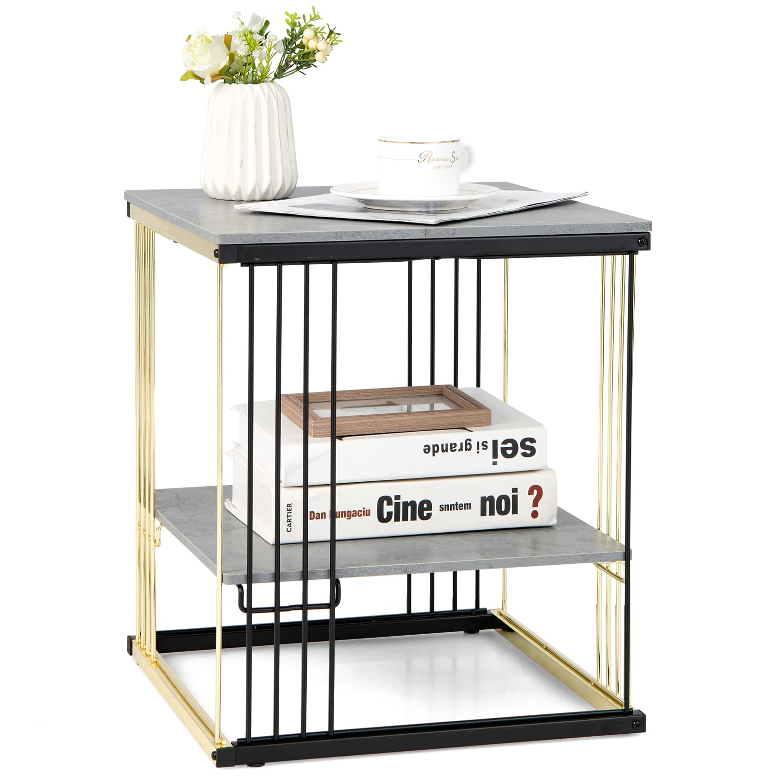 Giantex Modern Side Table, Faux Marble End Table with Golden Line Frame