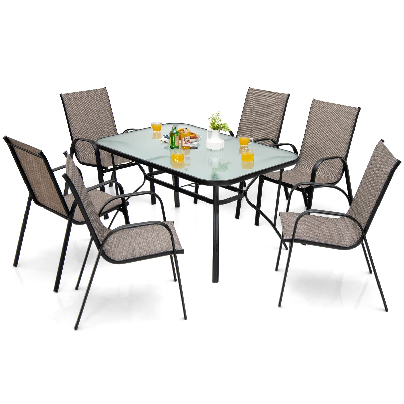 Giantex 7 Piece Patio Dining Set, Outdoor Dining Table Set with 6 Stackable Chairs