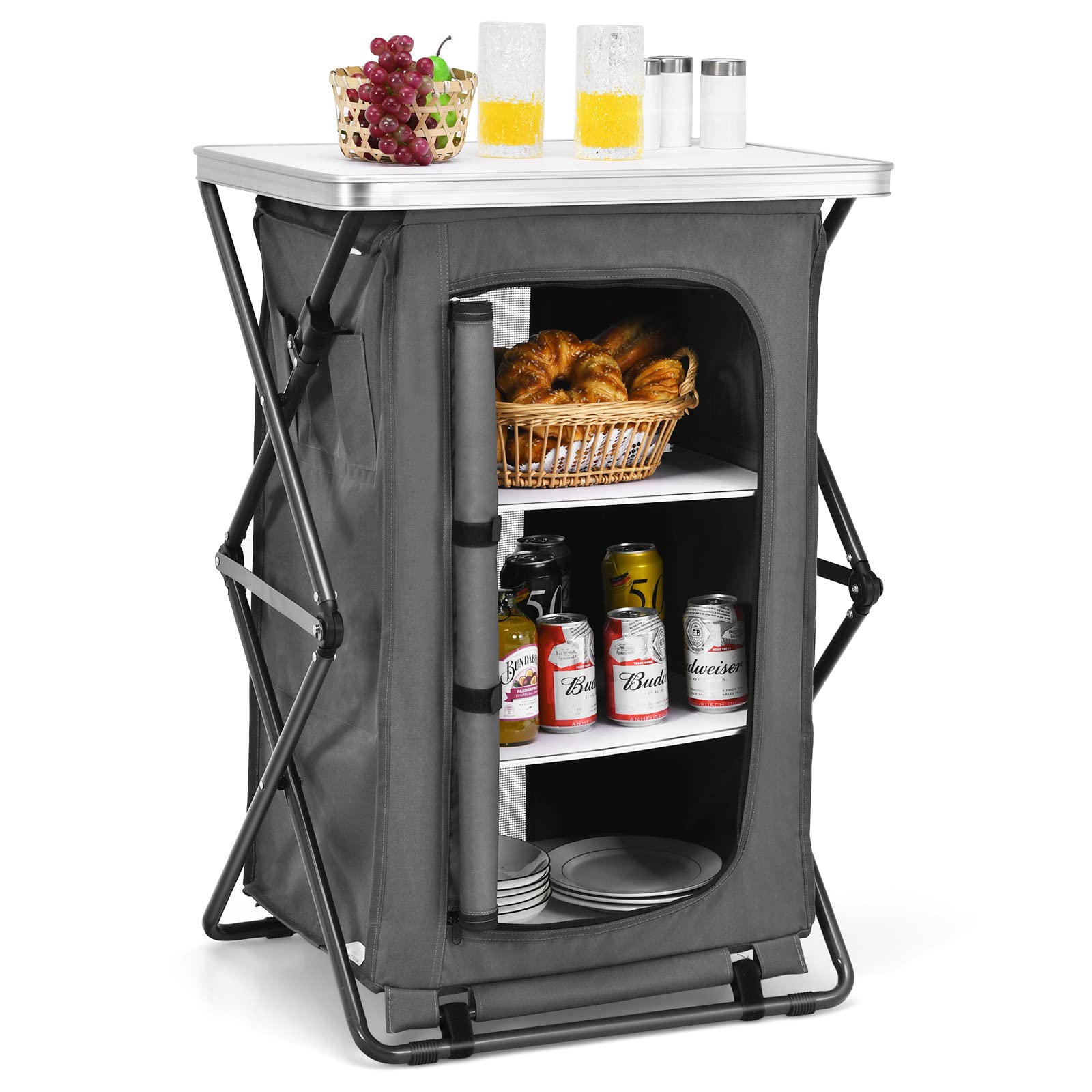 Folding Camping Storage Cabinet with 3 Shelves and Carry Bag