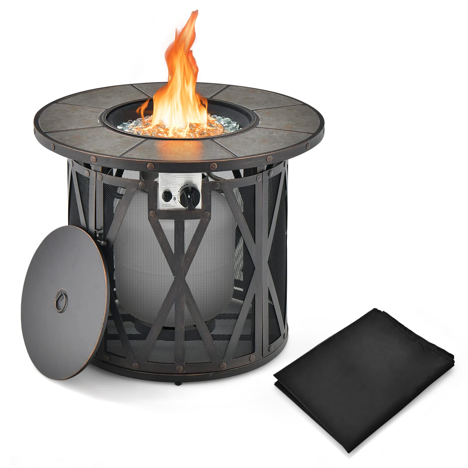 Giantex 32" Gas Fire Pit Table - 30,000 BTU Round Outdoor Fire Pit with Lid, PVC Cover, Glass Stones, Black