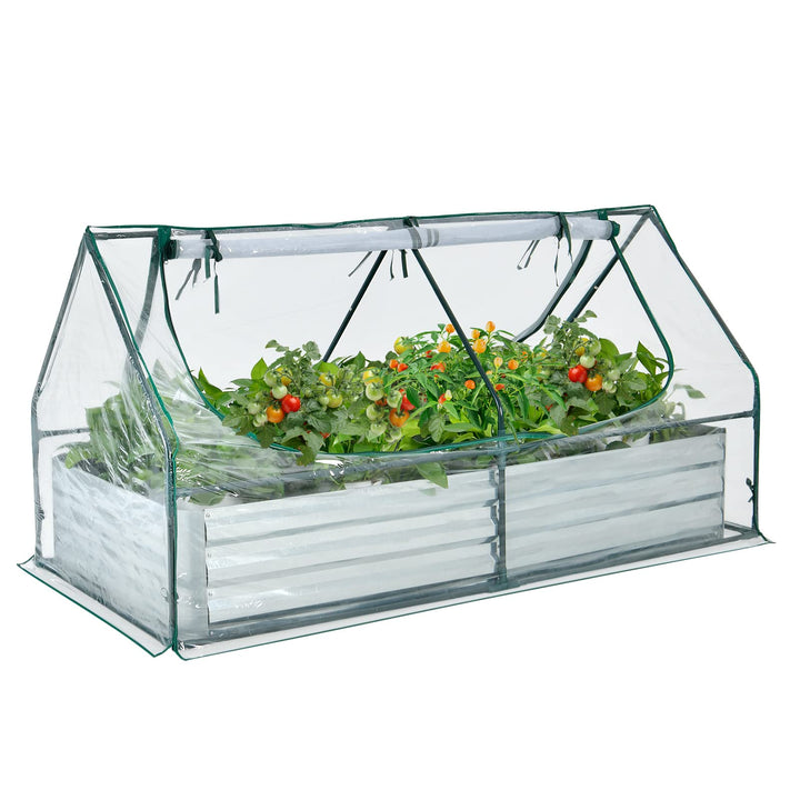 plastic galvanized planter Giantex Galvanized Steel Raised Garden Bed with Mini Greenhouse, Outdoor Metal Planter Box Kit with Large Roll-up PVC Cover