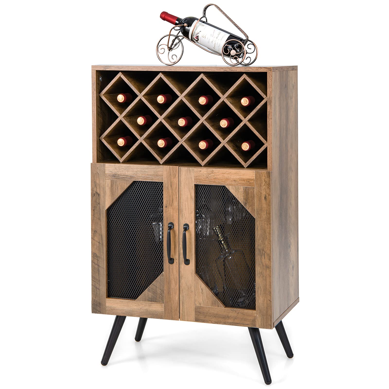 Giantex Farmhouse Buffet Cabinet with Storage, Wine Bar Cabinet 11 Bottles Rack (Brown & Black)