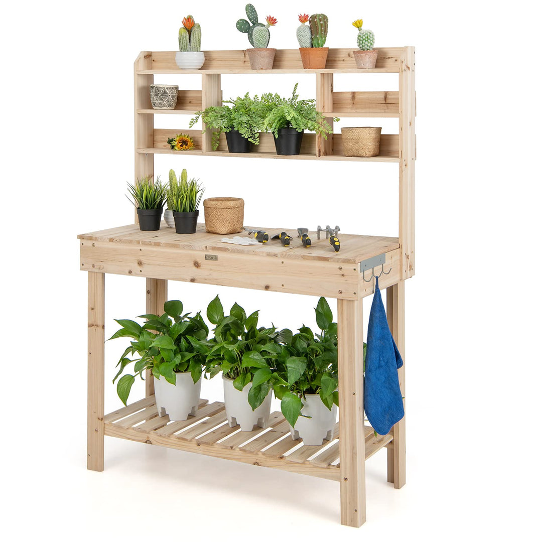 garden table for potting plants Giantex Garden Potting Bench Table, Large Workbench Table with Shelves, 43.5"x19.5"x 60.5" Natural