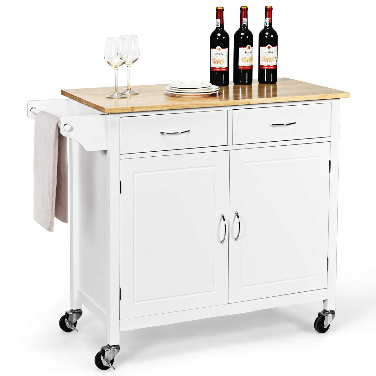 Giantex Kitchen Island, Rolling Kitchen Cart, Wood Counter Top, Bar Dining Room Organizer Furniture, White