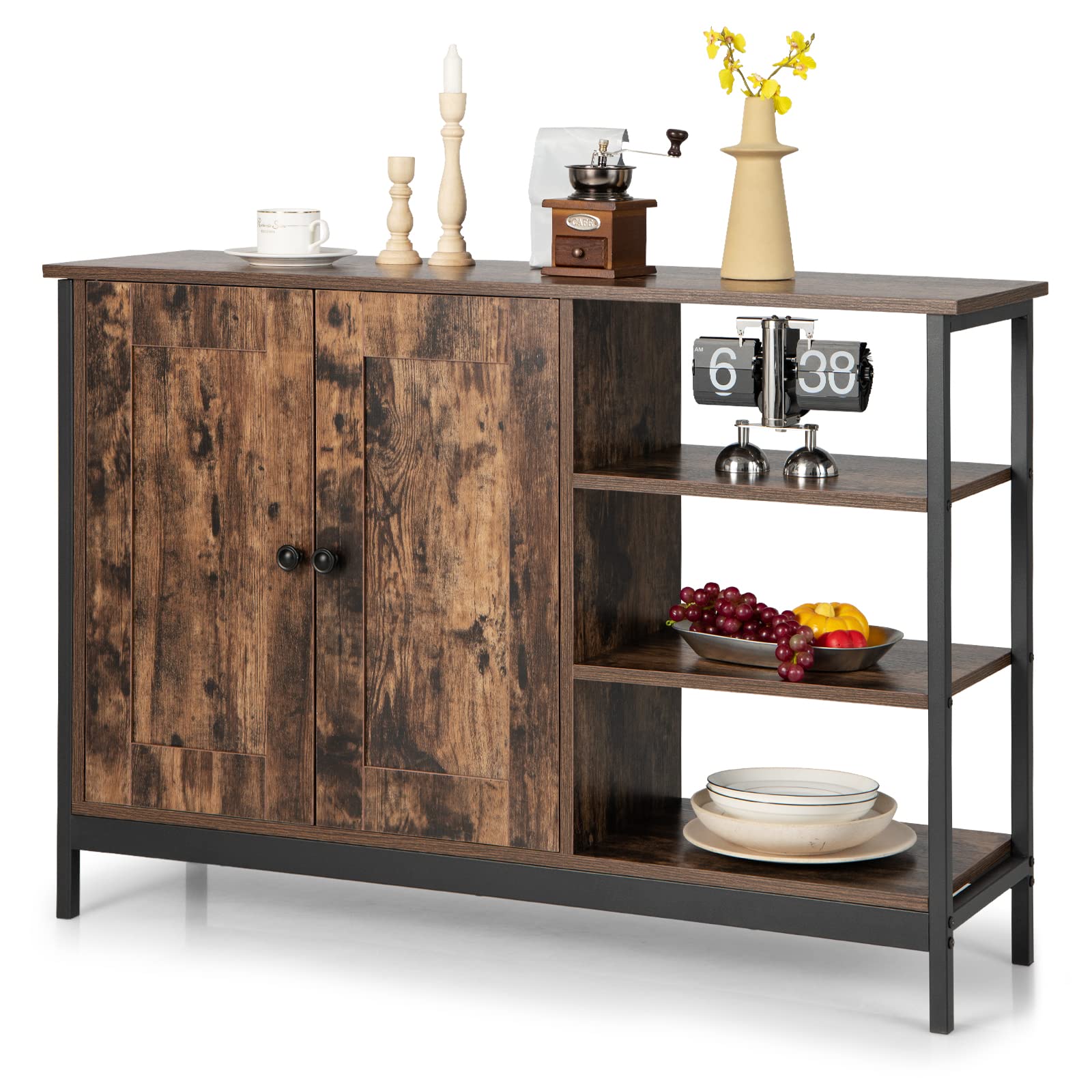 Giantex Industrial Kitchen Storage Cabinet w/Open Shelves, 2-Door Cupboard, Adjustable Shelf, Wooden Buffet Sideboard(Rustic Brown)