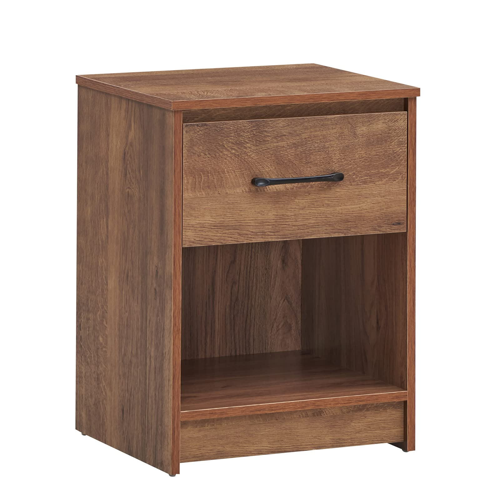 Nightstand w/Drawer, Wooden End Table w/Open Storage Compartment